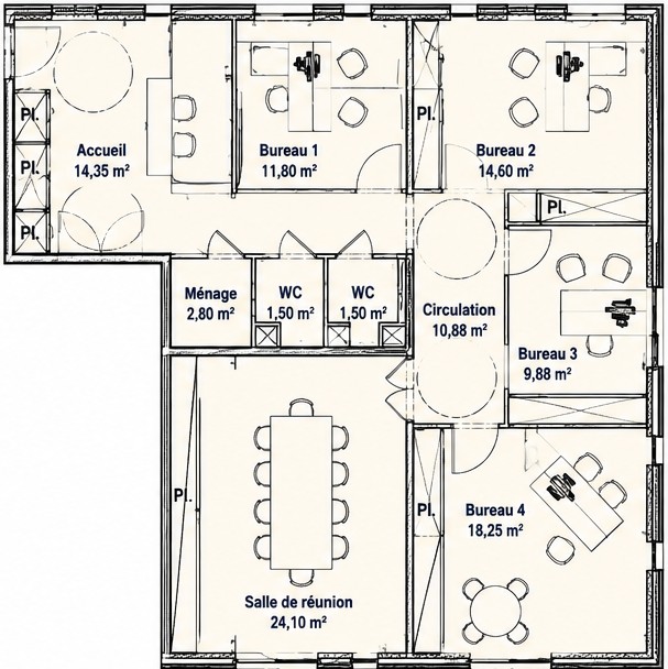 Plan des bureaux : accueil, 4 bureaux, salle de réunion, circulation, sanitaires et rangements